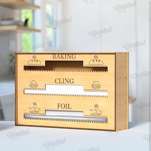 May include: A wooden organizer with three compartments for storing baking, cling wrap, and foil. The compartments are labeled with the words "Baking", "Cling", and "Foil". The organizer is made of 3 mm thick wood.