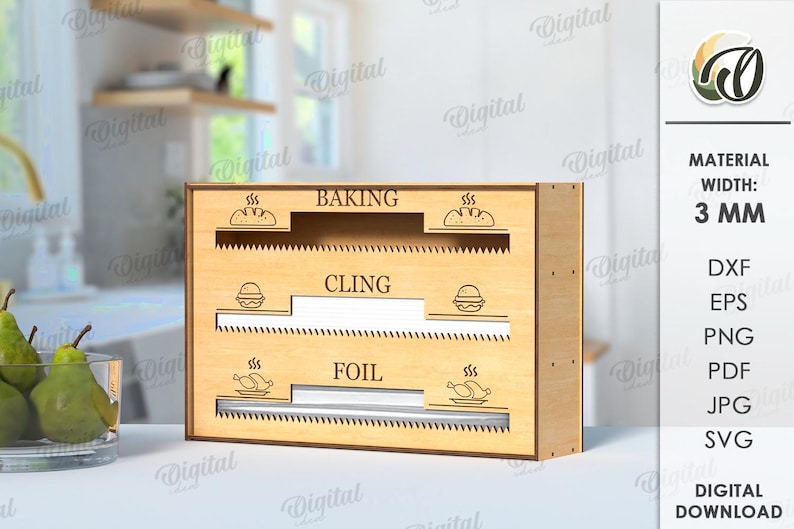 May include: A wooden organizer with three compartments for storing baking, cling wrap, and foil. The compartments are labeled with the words "Baking", "Cling", and "Foil". The organizer is made of 3 mm thick wood.