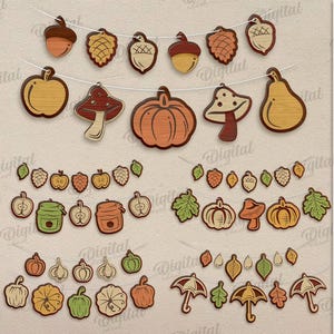 May include: A selection of autumnal wooden cutouts featuring pumpkins, acorns, and leaves in orange, brown, and green hues. The image includes the text "10 DESIGNS" and "DIGITAL DOWNLOAD", suitable for various material thicknesses.