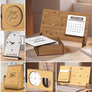 3D Wooden table clocks bundle, office organizer with clock laser cut, desk calendar, boho svg, decorative clock stand, home decor