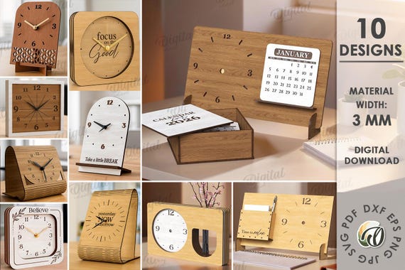 3D Wooden table clocks bundle, office organizer with clock laser cut, desk calendar, boho svg, decorative clock stand, home decor