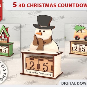 May include: Five 3D Christmas countdown designs featuring a snowman, a house, and a car. Each design includes a 3-D calendar with numbers that can be flipped to count down the days until Christmas. The designs are made of wood and are 3 mm thick.