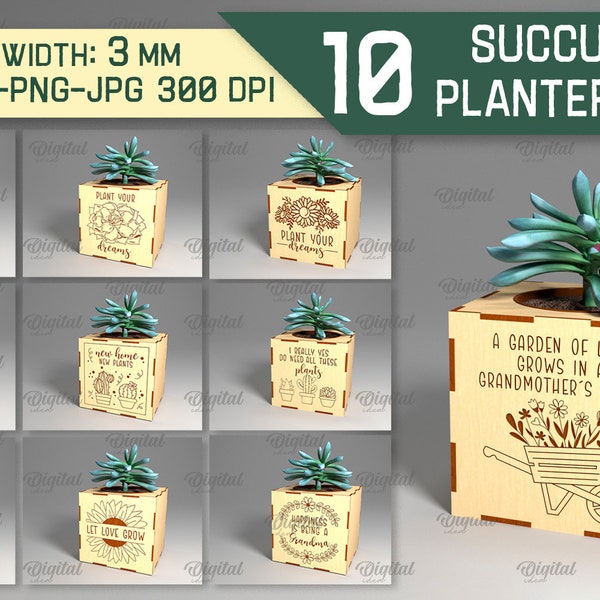 Lot de jardinières succulentes 3D découpées au laser, porte-plante en pot, svg de la fête des mères, boîte à fleurs découpée au laser, contremarches de plantes en bois, svg cadeau pour les amoureux des plantes