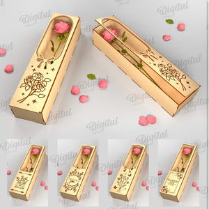 Può includere: Dieci progetti di scatola per rose tagliati al laser. La scatola è in legno e ha un coperchio trasparente. I disegni includono vari motivi floreali e testo come "Flowers for you" e "Thanks for everything". Lo spessore del materiale è di 3 mm.
