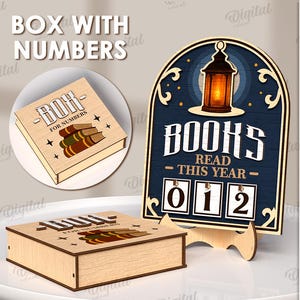 May include: Wooden box and sign with the text "BOX WITH NUMBERS" and "BOOKS READ THIS YEAR". The box has "BOR FOR NUMBERS" printed on it. The sign has a lantern graphic and a counter for the number of books read.