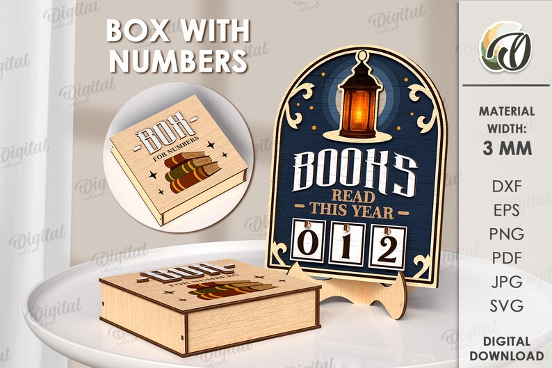 May include: Wooden box and sign with the text "BOX WITH NUMBERS" and "BOOKS READ THIS YEAR". The box has "BOR FOR NUMBERS" printed on it. The sign has a lantern graphic and a counter for the number of books read.