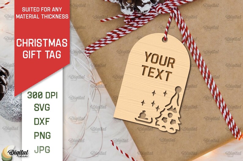 May include: A wooden Christmas gift tag with a cut-out design of a Christmas tree and stars. The tag has the text "YOUR TEXT" at the top.