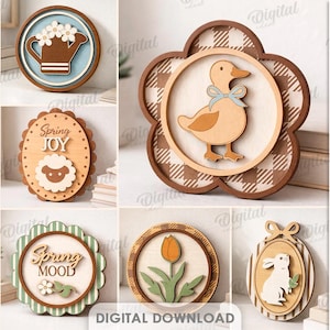 May include: A selection of 10 spring-themed wooden designs, featuring a duck, lamb, and tulip. Each design uses layered elements and pastel colours. The text "BLOOM", "Hello SPRING", and "Spring JOY" are visible. The image also includes the text "DIGITAL DOWNLOAD".