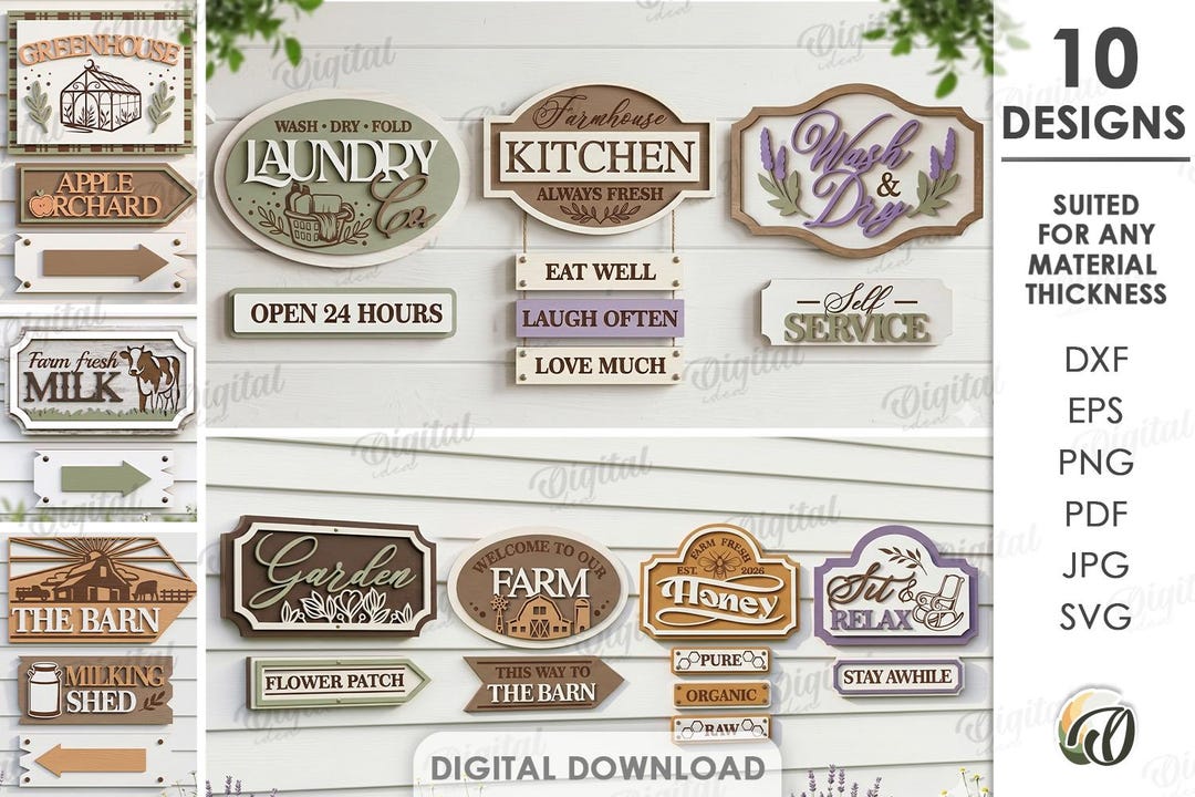 Layered Ranch Sign 3D Farmhouse Directional Signs Bundle, Kitchen Decor Laser Cut Files ...