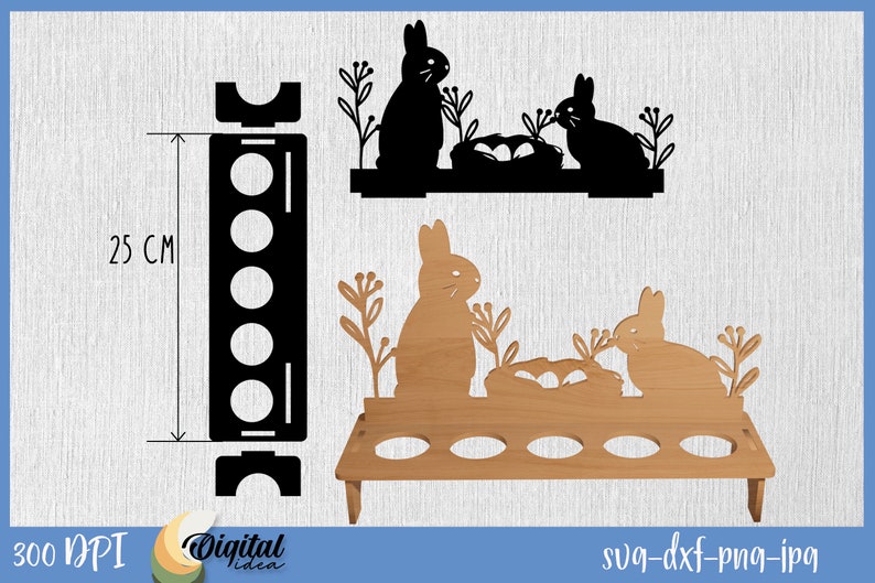 May include: Black and brown wooden Easter egg holder with six slots. The holder features a silhouette of two rabbits with a nest of eggs. The holder is 25 cm tall.