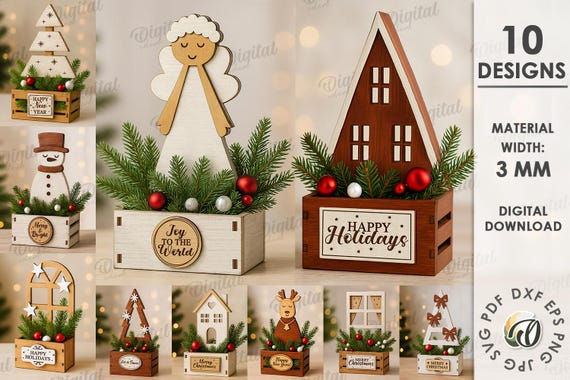 3D  Christmas decorative boxes bundle, wooden box laser cut, layered Christmas display box,  Merry Christmas,  Хmas quotes svg, reindeer