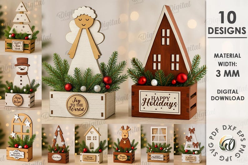 May include: A collection of 10 Christmas-themed wooden designs, including a tree, angel, snowman, and house, each in a wooden crate with greenery and ornaments. The designs are 3 mm wide and available as a digital download.