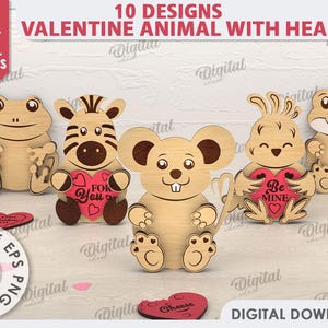 3D Valentinstag Tiere mit Herz Bundle, Valentinstag süßes Tier Geschenk Laserschnitt, Holz Karte mit Herz, Valentinstag Karte, svg