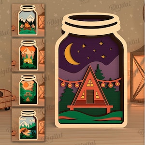 Paquete de escenas de camping en tarros de cristal 3D, escenas de camping cortadas con láser, corte de papel de camping, SVG de viaje, SVG de viaje, SVG de naturaleza, SVG en capas