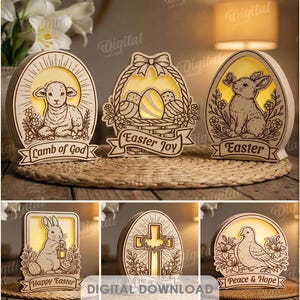 3D Easter lamps bundle, night light laser cut files, Easter quotes svg, christian led light box, decorative lantern, wooden nightlight