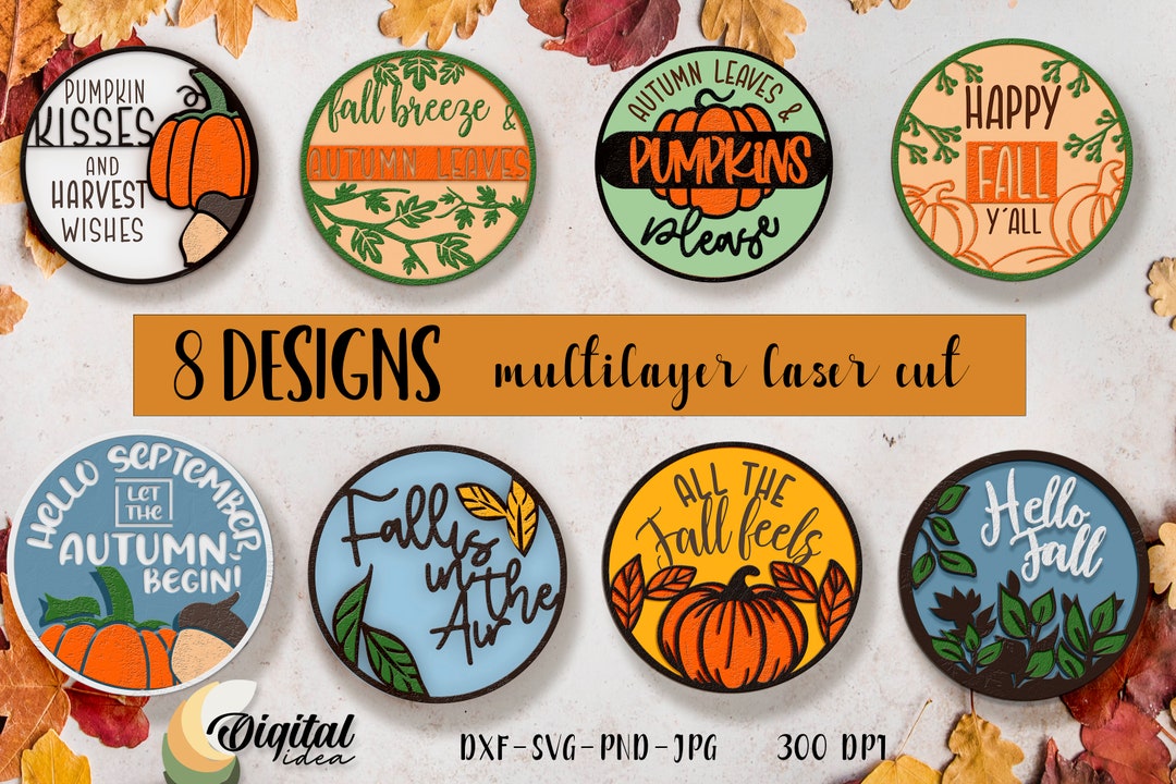 Lasercut Autumn Sign Bundle, Fall Quotes Door Sign SVG, Round Fall Sign