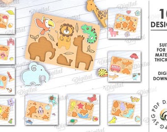 May include: Ten digital designs for a wooden puzzle featuring various animal and nature themes. The designs include a lion, giraffe, elephant, toucan, castle, and more. The designs are suitable for any material thickness. The file formats included are SVG, PDF, DXF, EPS, and JPG.