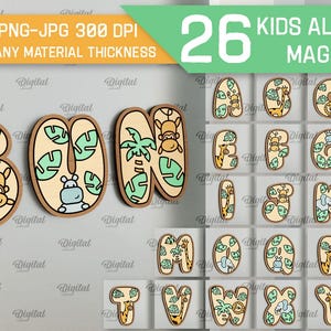 Paquete de imanes con letras del alfabeto para niños, letras con letras cortadas con láser para niños, animales de la jungla, safari, animales lindos svg, letras cortadas con láser para bebés, letras de la A a la Z