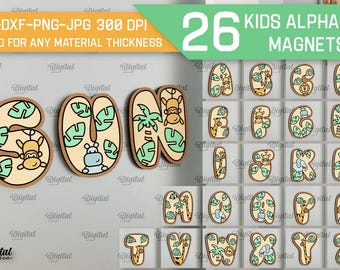 Kids alphabet magnets bundle, children's letter magnet laser cut, jungle animals, safari, cute animals svg, baby lasercut, A to Z letters