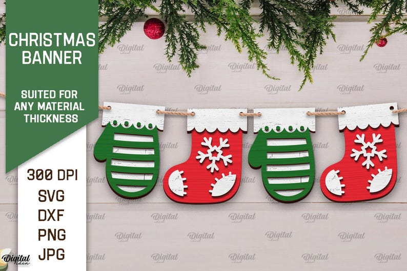 May include: A Christmas banner with red and green mittens and stockings. The banner is made of wood and has a white background. The text "Christmas Banner" is at the top of the image.