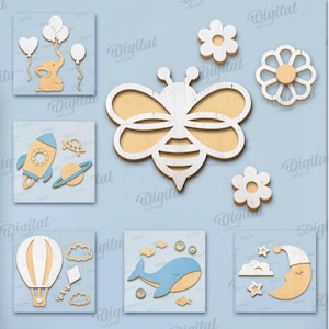 3D Kinderzimmer Deko Sets bündel, Baby Zimmer Zeichen Laser geschnitten, Holz Kinder Wandkunst, Wand Aufhänger svg, niedliche Kinderzimmer Dekorationsset, Tiere