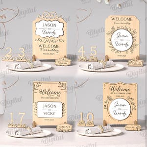 Puede incluir: Decoraciones de mesa de boda de madera con diseños cortados con láser. El conjunto incluye letreros de bienvenida, números de mesa y tarjetas con nombres. Los letreros presentan detalles florales y los nombres de la pareja y la fecha de la boda. Ancho del material: 3 mm.