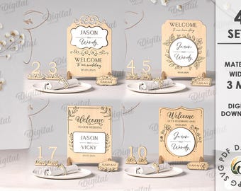 3D Wedding sets bundle, napkin ring holder laser cut, wedding floral name stand, table name place card, table numbers svg