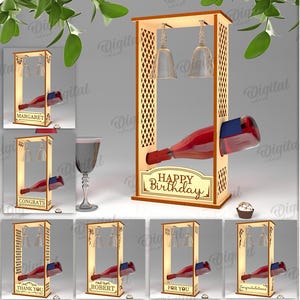 May include: Ten laser cut designs for a wine bottle holder with two wine glass holders. The holder is made of wood and has a brown finish. The designs include "Happy Birthday", "Margaret", "Robert", "Congrats", "Thank You", and "For You". The material width is 4 mm.