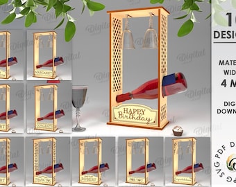 3D Wood Wine Bottle Holder bundle, wine and glass holder lasercut, congratulatory quotes svg, personalized wine stand, anniversary gift svg