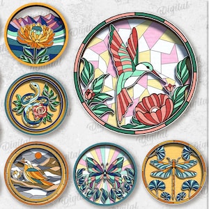 May include: A collection of ten colorful, circular designs with nature-themed illustrations, including a hummingbird, flowers, and landscapes. The designs are suitable for various material thicknesses and are available as a digital download.