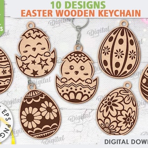 May include: Ten digital designs for Easter wooden keychains. The designs feature various Easter themes, including eggs, chicks, and flowers. The designs are suitable for any material thickness.