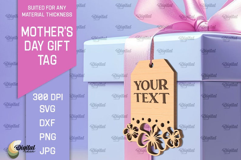 May include: A light blue gift box with a pink ribbon and a wooden gift tag with the text "YOUR TEXT" and a floral design. The tag is hanging from the ribbon. The box is on a purple background with the text "MOTHER'S DAY GIFT TAG" on a pink background.