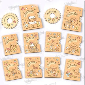 Lot de cartes de Pâques 3D, carte de parchemin de Pâques découpée au laser, ornement de filage en bois mignon pour enfants, citations de Joyeuses Pâques svg, carte conforme coulissante