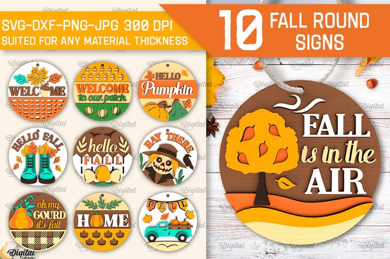 Google Fall Signs 3D Fall Round Signs Bundle, Wooden Sign Laser Cut, Autumn Round Layered ...