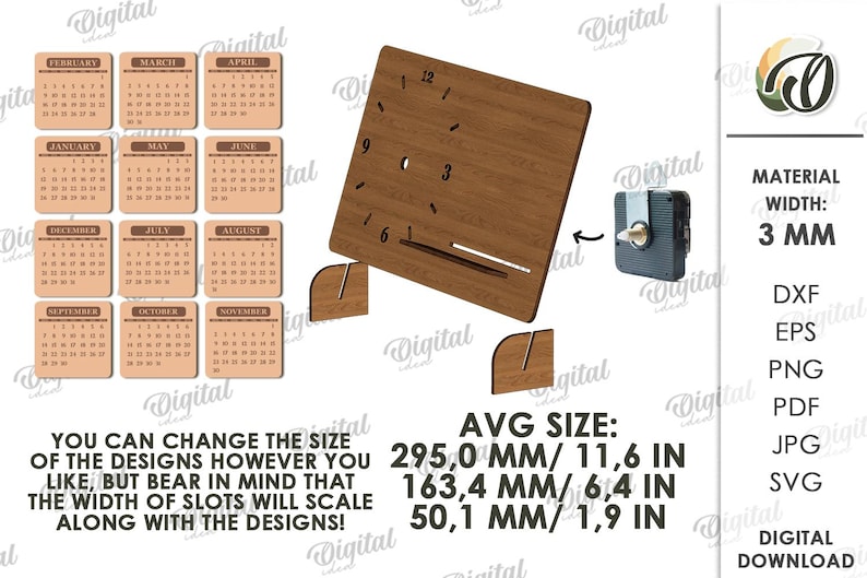 K&ouml;nnte beinhalten: Quadratisches Holz-Zifferblatt mit Zahlen und einem Schlitz f&uuml;r Zeiger. Enth&auml;lt Kalendermonate und einen kleinen Uhrwerkmechanismus. Durchschnittsgr&ouml;&szlig;e: 295,0 mm x 163,4 mm.
