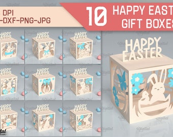 Happy Easter boxes papercut bundle, easter box template, 3D paper cut SVG, candy box, favor box svg, easter rabbit svg, easter gift box svg
