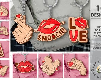3D Valentinstag Schlüsselanhänger Bundle, Valentinstag Schlüsselanhänger Laserschnittdateien, hölzerner Schlüsselring, passender Schlüsselbund svg, Liebeszitate