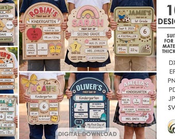 Kit de placas personalizadas para o primeiro dia de aula, arquivo de corte a laser para fotos de volta às aulas, arquivo SVG para quadro de marcos escolares, placa de madeira com nome, para crianças.