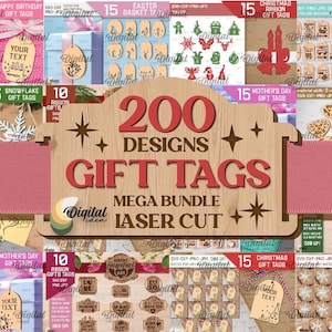May include: A collage of 200 laser cut gift tag designs. The designs include various themes such as Christmas, Easter, Mother's Day, and more. The tags are made of wood and are perfect for adding a personal touch to gifts.