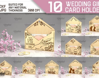 Paquete de corte láser de titulares de tarjetas de regalo de boda 3D, caja de soporte de tarjeta 3D Glowforge, sobre de boda svg, citas de boda svg, titular de tarjeta svg