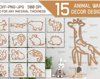 May include: A set of 15 animal wall decor designs, perfect for adding a touch of whimsy to any room. The designs are simple and elegant, featuring a variety of animals, including a giraffe, elephant, deer, and snake. The designs are all in a brown color and are suitable for any material thickness. The designs are 300 DPI and are available in SVG, DXF, PNG, and JPG formats.
