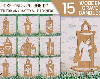 Pacote de velas de túmulo de madeira, estaca de vela cortada a laser, memorial day svg, anjo svg, decoração de lápide svg, ornamento de vela grave cortado a laser