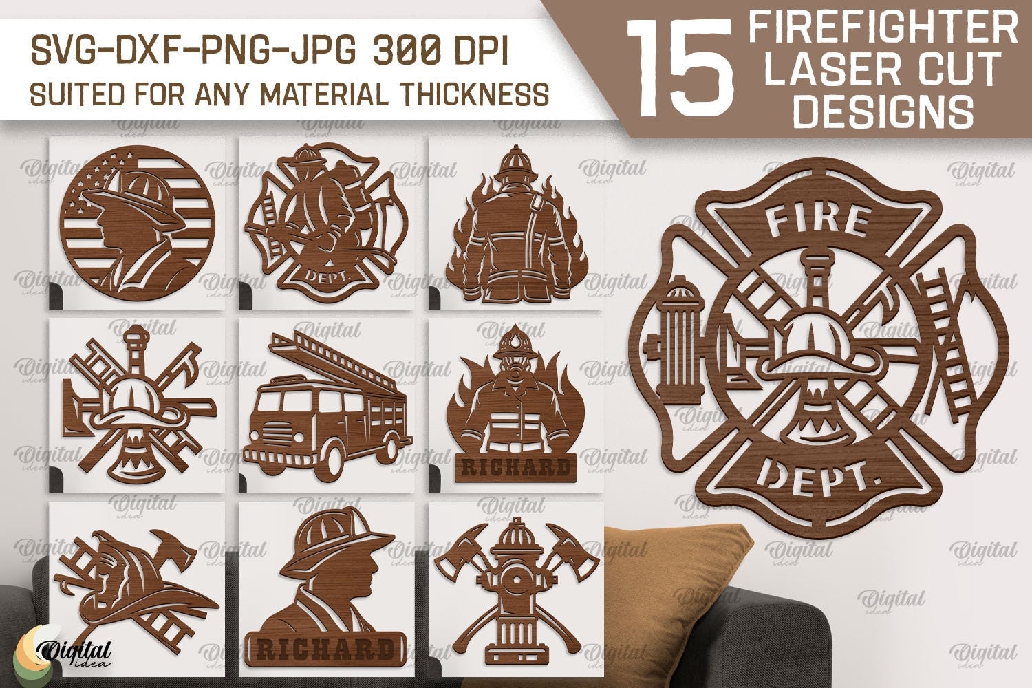 Firefighter signs bundle, custom name sign laser cut, fire fighter paper cut, home decor, ornament, personalized fireman wall hanger svg