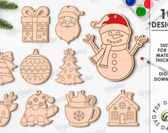 May include: A collection of 10 wooden Christmas ornament designs, including a snowman with a red hat, Santa Claus, a gift, a bell, a Christmas tree, a reindeer, a gnome, a hot chocolate, and a gingerbread house. The text says "10 Designs" and "Suited for any material thickness".