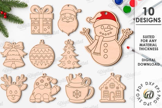 Christmas paintable ornaments bundle, paint ornament laser cut, wooden blank pattern, Christmas tree hanger svg, childrens, kids