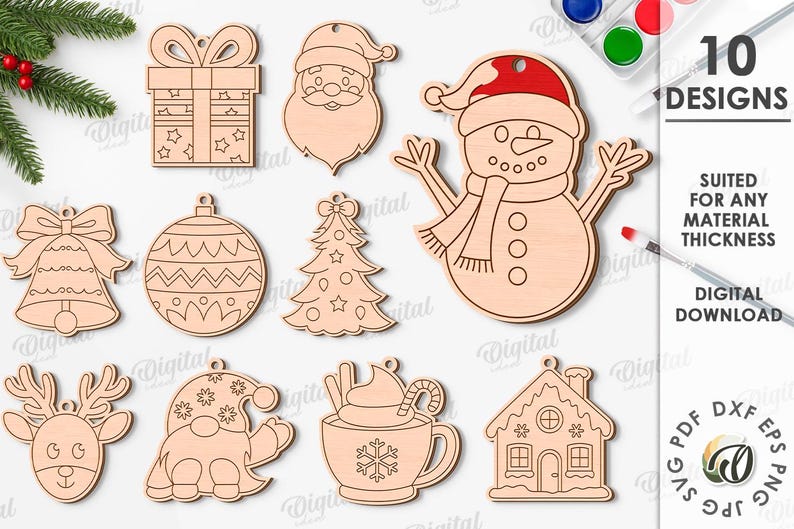 May include: A collection of 10 wooden Christmas ornament designs, including a snowman with a red hat, Santa Claus, a gift, a bell, a Christmas tree, a reindeer, a gnome, a hot chocolate, and a gingerbread house. The text says "10 Designs" and "Suited for any material thickness".