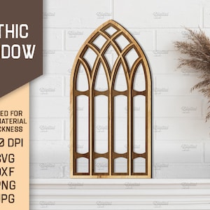 May include: A digital download of a gothic window design. The design is suitable for any material thickness and is 300 DPI. The design is available in SVG, DXF, PNG, and JPG formats.