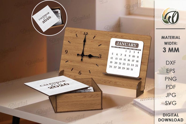 K&ouml;nnte beinhalten: Holz-Schreibtischuhr mit einem Kalender f&uuml;r Januar 2026. Die Uhr hat schwarze Zeiger und eine Kalenderanzeige. Eine separate Box enth&auml;lt zus&auml;tzliche Kalenderseiten. Die Materialbreite betr&auml;gt 3 mm.