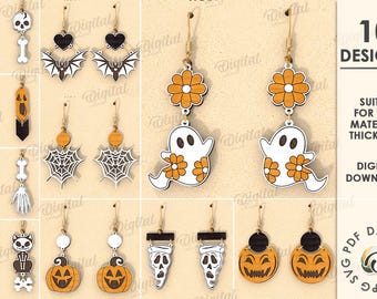 May include: A collection of Halloween-themed earrings in various designs, including skulls, bats, ghosts, and jack-o'-lanterns. The earrings are made of wood and feature intricate cut-out details. The image also includes the text "10 DESIGNS" and "SUITED FOR ANY MATERIAL THICKNESS".