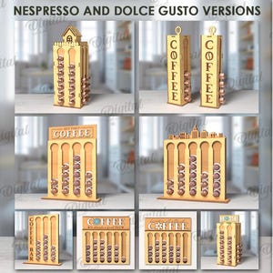 Paquete de soportes para cápsulas de café 3D, soporte para cápsulas Dolce Gusto y Nespresso cortado con láser, caja de madera para almacenar cápsulas de café, expositor para colgar cápsulas de café en formato SVG.
